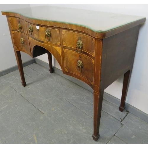 812 - A George III  serpentine fronted mahogany and satinwood sideboard, crossbanded and strung with ebony... 