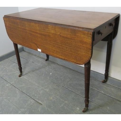 821 - An early Victorian mahogany Pembroke table, with reeded edge, single drawer and dummy drawer on tape... 