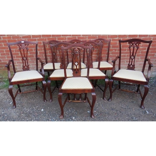 822 - A set of eight (6+2) Edwardian Georgian Revival mahogany dining chairs with carved and pierced back ... 