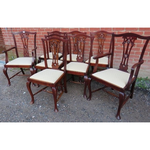 822 - A set of eight (6+2) Edwardian Georgian Revival mahogany dining chairs with carved and pierced back ... 