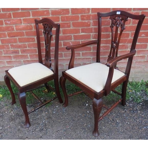 822 - A set of eight (6+2) Edwardian Georgian Revival mahogany dining chairs with carved and pierced back ... 