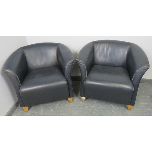 854 - A pair of contemporary tub chairs by Grassoler, upholstered in petrol blue leather, on tapering beec... 