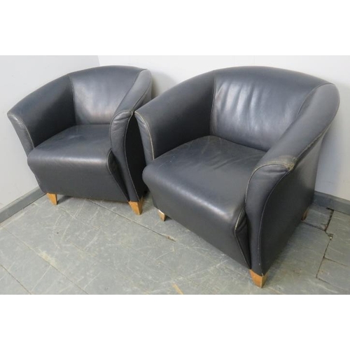 854 - A pair of contemporary tub chairs by Grassoler, upholstered in petrol blue leather, on tapering beec... 