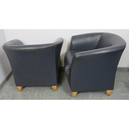 854 - A pair of contemporary tub chairs by Grassoler, upholstered in petrol blue leather, on tapering beec... 