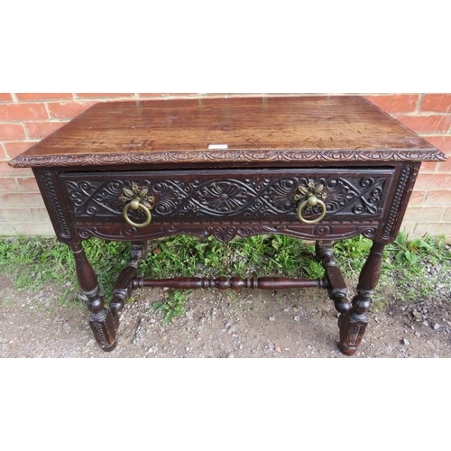 865 - A 17th century and later oak side table, with carved edge above single drawer, the relief carved fri... 