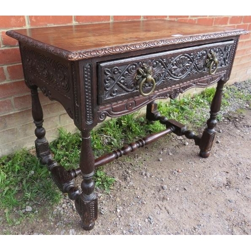 865 - A 17th century and later oak side table, with carved edge above single drawer, the relief carved fri... 