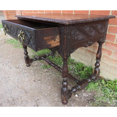 865 - A 17th century and later oak side table, with carved edge above single drawer, the relief carved fri... 