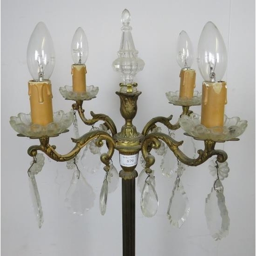 879 - A vintage floorstanding gilt brass four branch candelabra lamp, featuring cut glass finial and hangi... 