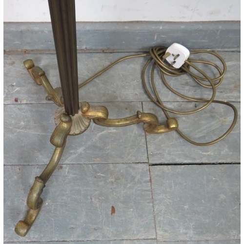 879 - A vintage floorstanding gilt brass four branch candelabra lamp, featuring cut glass finial and hangi... 