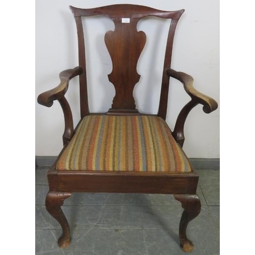 882 - A Georgian mahogany open-sided carver chair, with shaped back splat and scrolled arms, the seat reup... 