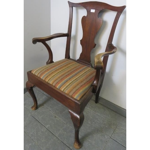 882 - A Georgian mahogany open-sided carver chair, with shaped back splat and scrolled arms, the seat reup... 