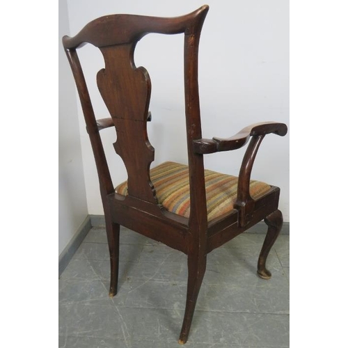 882 - A Georgian mahogany open-sided carver chair, with shaped back splat and scrolled arms, the seat reup... 