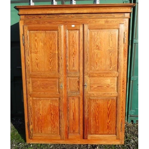 891 - An antique French pitch pine armoire, the double doors with fielded panels, opening onto a hanging r... 