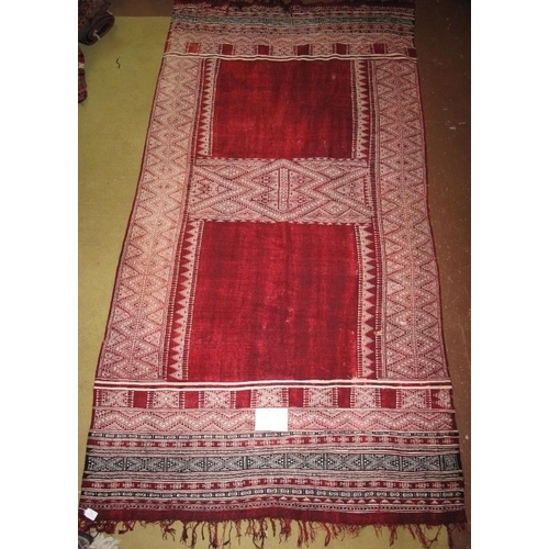 932 - An early 20th century mid Persian rug/wall hanging with burgundy velvet panels. Measures 110cm x 220... 