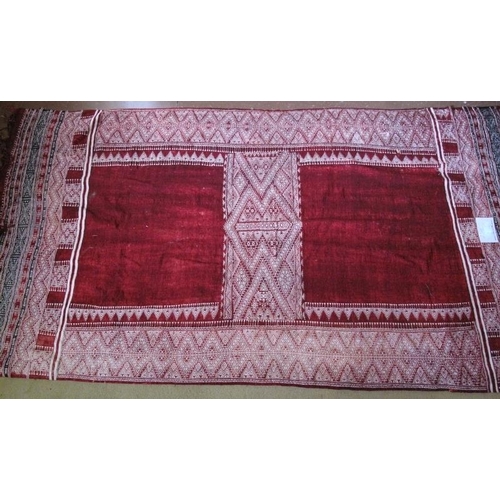 932 - An early 20th century mid Persian rug/wall hanging with burgundy velvet panels. Measures 110cm x 220... 