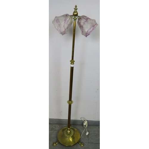 868 - An Edwardian brass height adjustable telescopic standard lamp, with twin Art Deco marbled shades, on... 