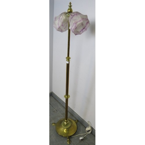 868 - An Edwardian brass height adjustable telescopic standard lamp, with twin Art Deco marbled shades, on... 