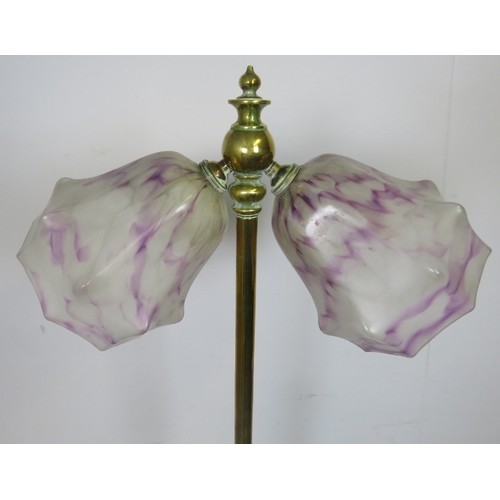 868 - An Edwardian brass height adjustable telescopic standard lamp, with twin Art Deco marbled shades, on... 