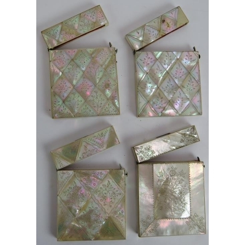 258 - Four hand decorated 19th century mother of pearl card cases each with diamond pattern inlay. (4).
Co... 