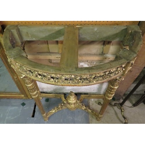 796 - A 19th century Louis XV Revival giltwood marble topped demi-lune console table, with carved and pier... 