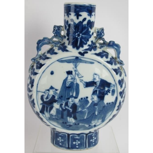 1 - An antique Chinese porcelain moon vase with blue and white decoration and dragon handles. Height 21c... 