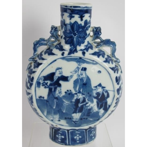 1 - An antique Chinese porcelain moon vase with blue and white decoration and dragon handles. Height 21c... 