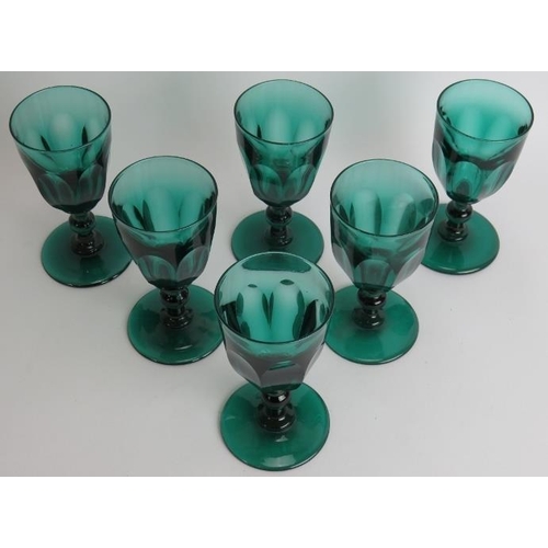 108 - Six Regency teal drinking glasses with single knop stems, slice cut bowls and ground pontils. Height... 