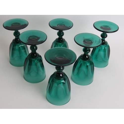 108 - Six Regency teal drinking glasses with single knop stems, slice cut bowls and ground pontils. Height... 