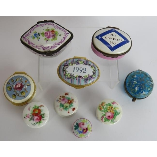 111 - Three enamel trinket boxes including Halcyon days, five Limoges style porcelain boxes and a hand dec... 