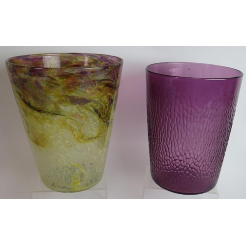 113 - A Monart glass bucket shaped vase, a similar Amethyst glass vase and seven other pieces of coloured ... 