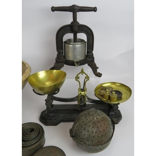 128 - A mixed lot of mainly antique Kitchenalia including a Sycamore dairy bowl, Avery scales and weights,... 