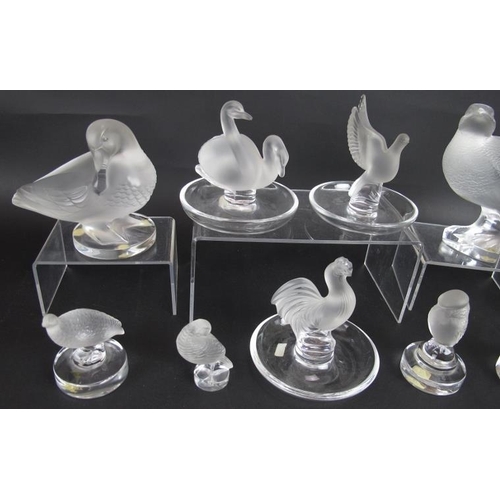 13 - Nine post-1945 Lalique glass bird figures including three pin dishes. All signed Lalique France, som... 