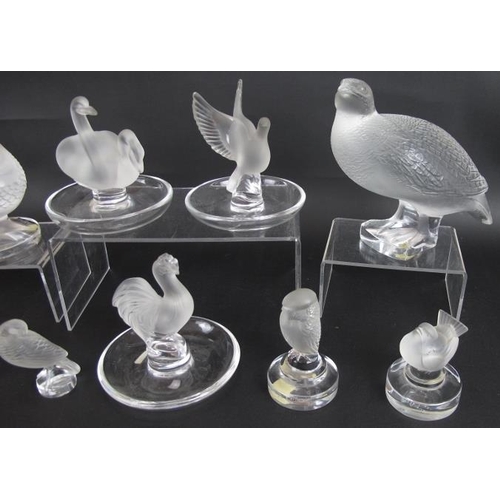 13 - Nine post-1945 Lalique glass bird figures including three pin dishes. All signed Lalique France, som... 