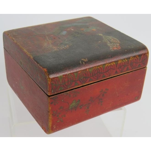 134 - A Regency lacquer tea caddy. A Chinoiserie decorated box. A maté cup with three Bombilla straws and ... 