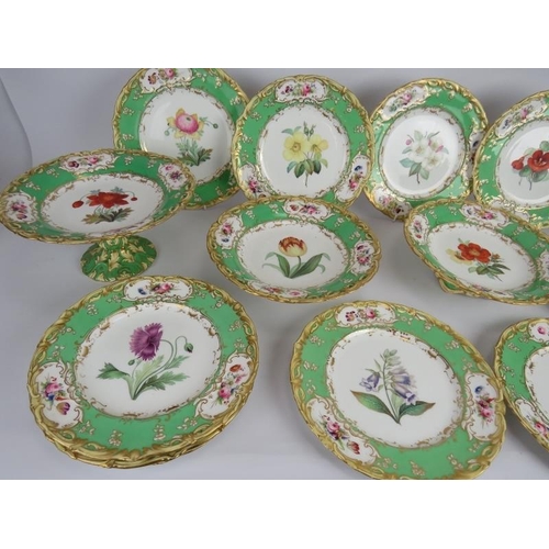 140 - 15 pieces of antique hand decorated tableware, all decorated with flowers within a green and gilt bo... 