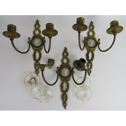 152 - Three 19th century Ormulu bronze Empire revival wall sconces each with Jasperware style Cartouches, ... 