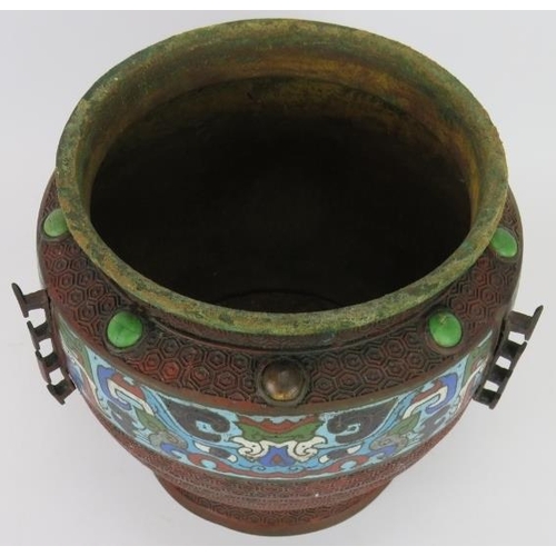 155 - A Chinese bronze urn with Champlevé enamel decoration to shoulder and glazed potter Cabochons. Heigh... 