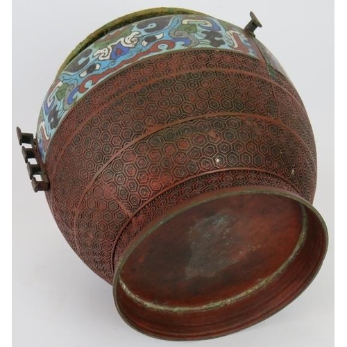 155 - A Chinese bronze urn with Champlevé enamel decoration to shoulder and glazed potter Cabochons. Heigh... 