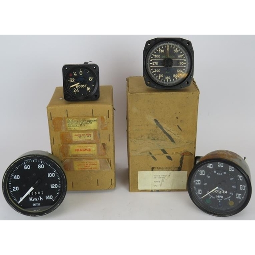 157 - Two 1960's/70's car speedometers, one Jaeger, one Smiths and two aeronautical gauges, one a radio co... 