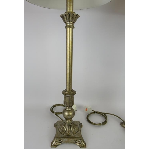 167 - A pair of contemporary brushed gilt and silver column table lamps. Overall height 76cm. Base height ... 