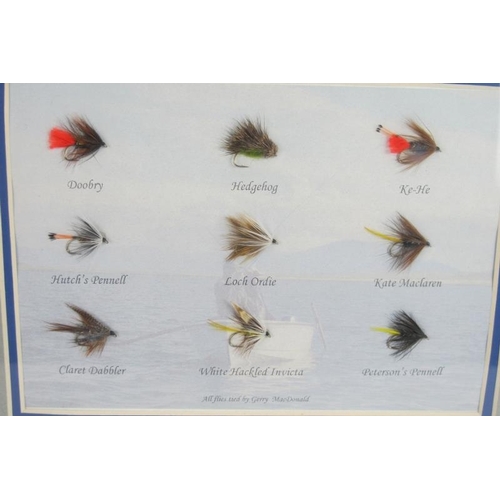 17 - A framed set of Loch Harray trout fishing flies tied by Gerry MacDonald, mounted framed and glazed. ... 