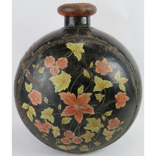 172 - A large Eastern metal flask shaped metal vase with hand painted floral decoration. Height 60cm. Diam... 