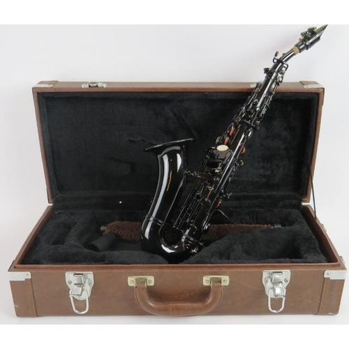 176 - A small black saxophone in fitted case, overall length 52cm.
Condition report: Light play wear.