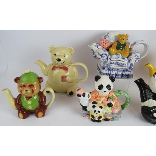 179 - Seven bear and panda themed novelty teapots including one Beswick and one by Tony Wood. Tallest 19cm... 