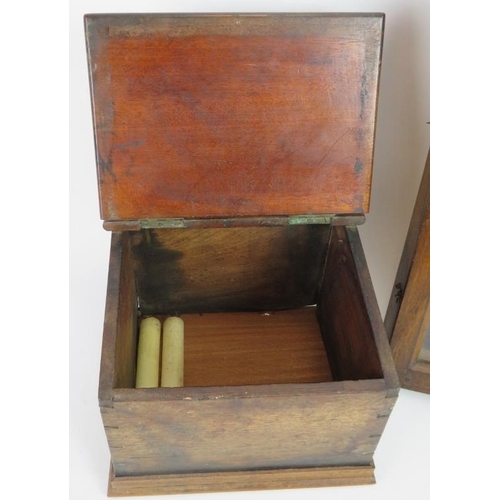 181 - A 19th century mahogany candle/salt box with hinged lid and a velvet lined glazed display case 45cm ... 