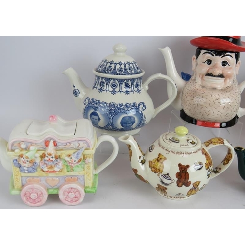 191 - Seven mixed novelty teapots including Desperate Dan, squirrels, teddy bears and a royal commemorativ... 