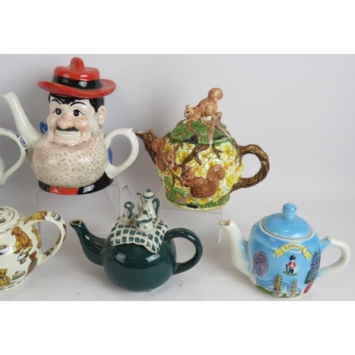 191 - Seven mixed novelty teapots including Desperate Dan, squirrels, teddy bears and a royal commemorativ... 