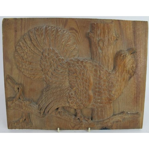 194 - A turn of the century well carved oak panel with deep relief depiction of a cock Capercaillie on a b... 