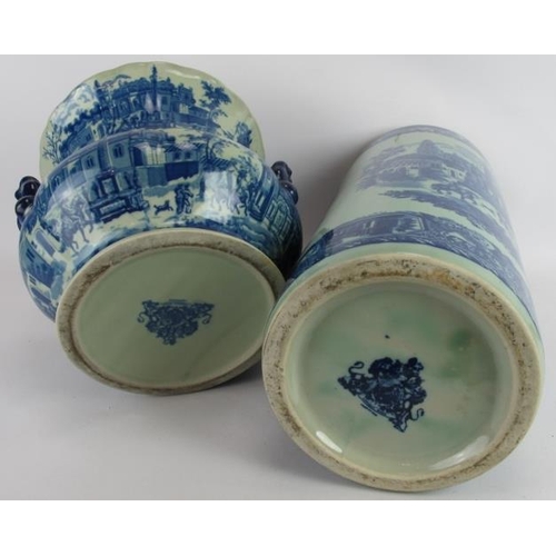 201 - A reproduction blue and white Victoria Ware stick stand, 46cm, and a similar Campana style Jardinièr... 