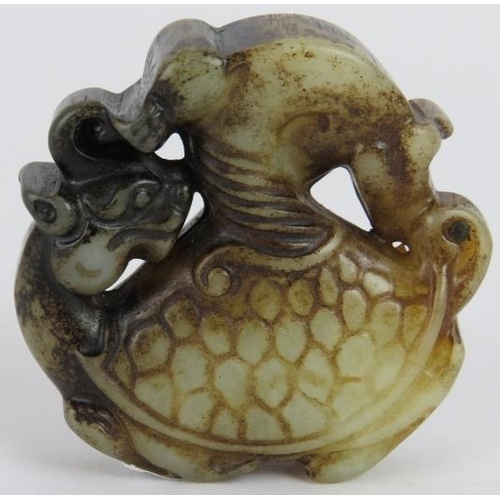 217 - A Chinese carved pale celadon and black Jade model depicting a bat on a turtle, Ming style but likel... 